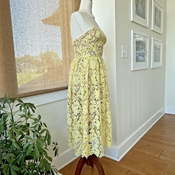 Donna‎ Morgan For Anthropologie Dress Size 0 Lace Sundress Yellow Nude Midi - Picture 2 of 8